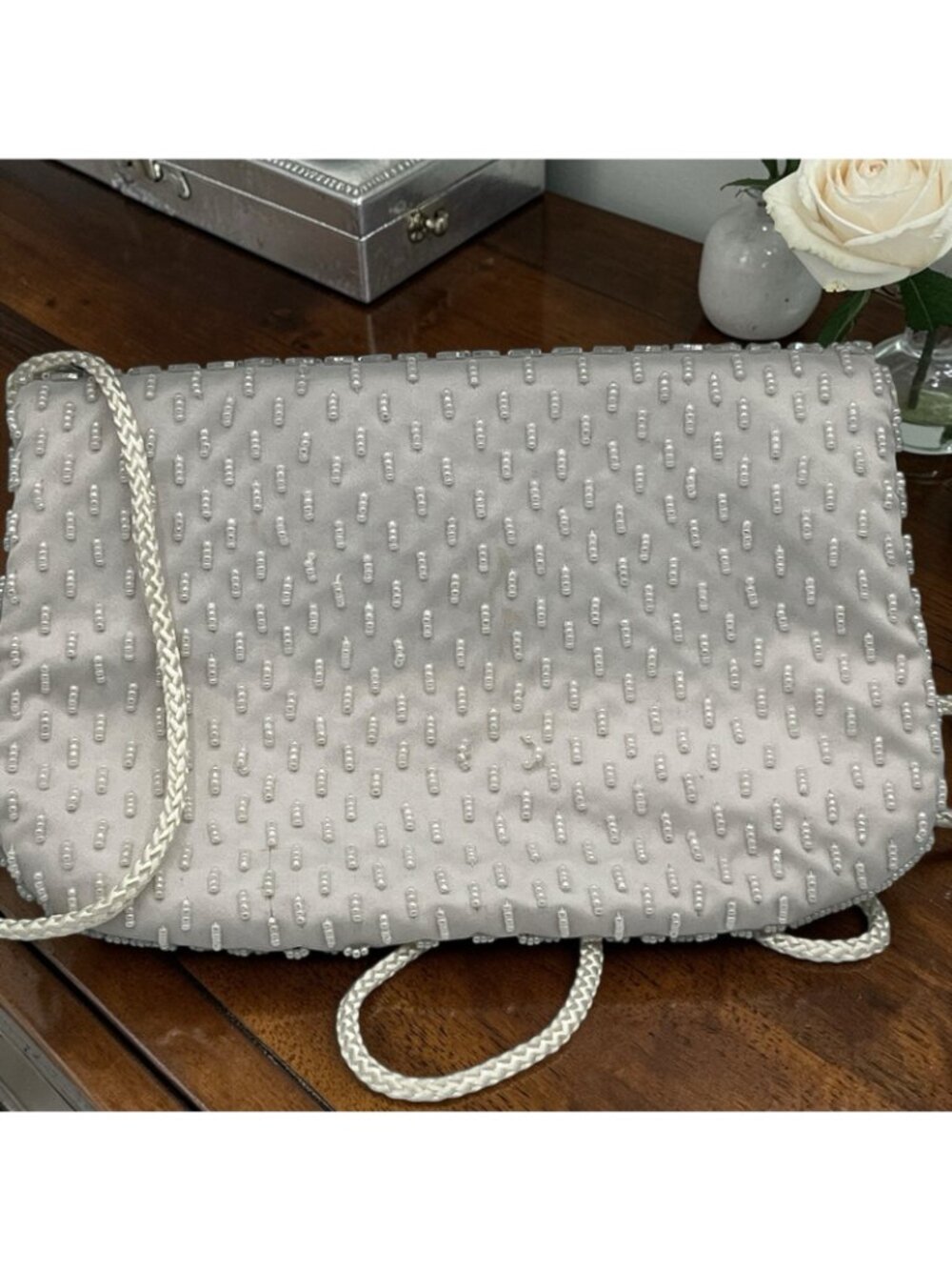 Vintage 90s White Beaded Clutch Floral Evening Bridal Purse - Picture 4 of 5